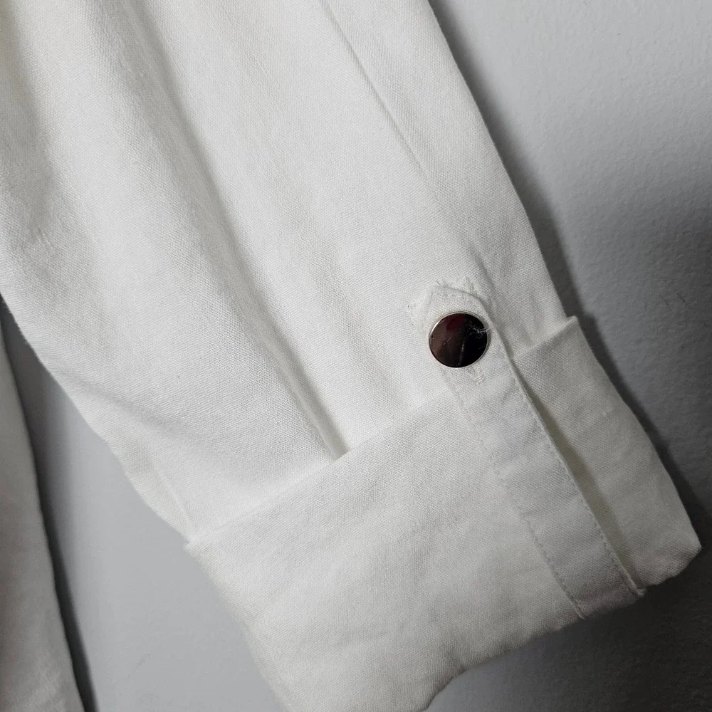 Chico's Linen Roll‎ Sleeve Stretch Blazer 2.5 (14) Ivory Open Front Zip Pocket